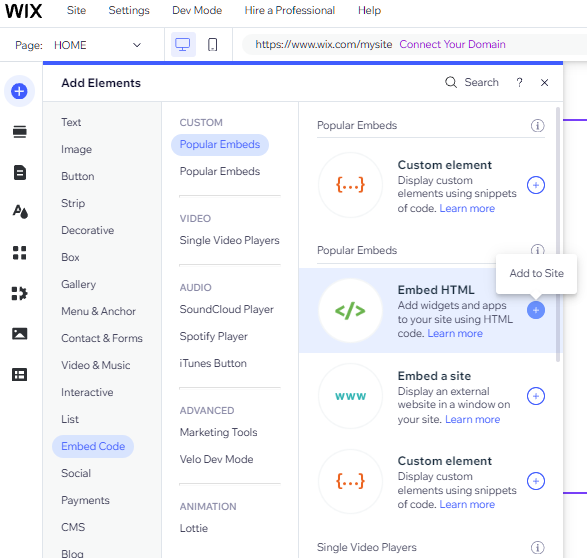 On Wix, select 'Embed HTML'